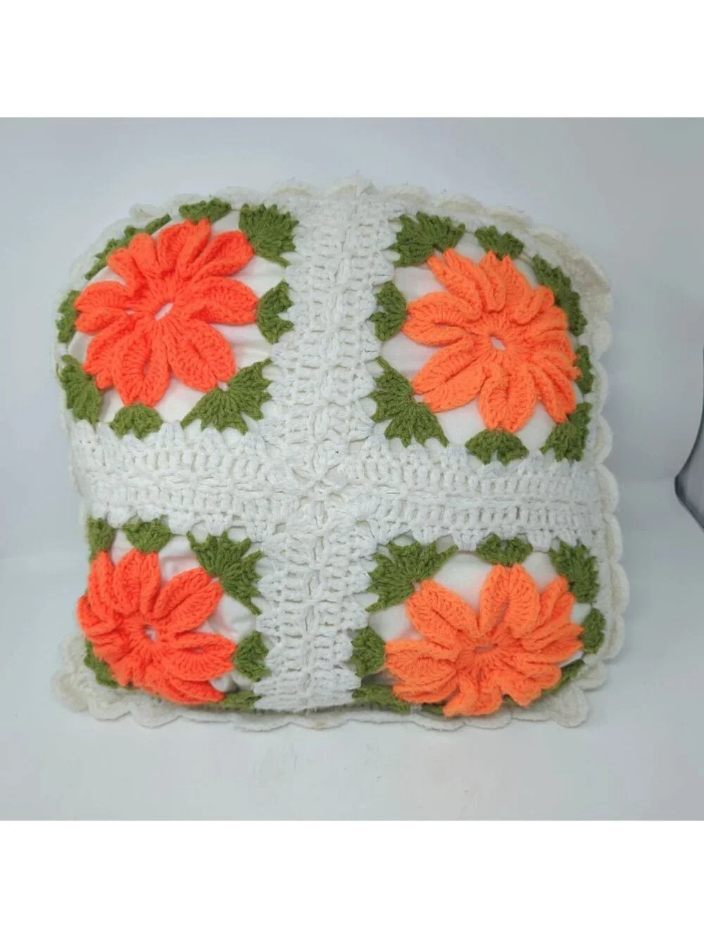 Crochet Pillow Square White Cottagecore Floral Hand
